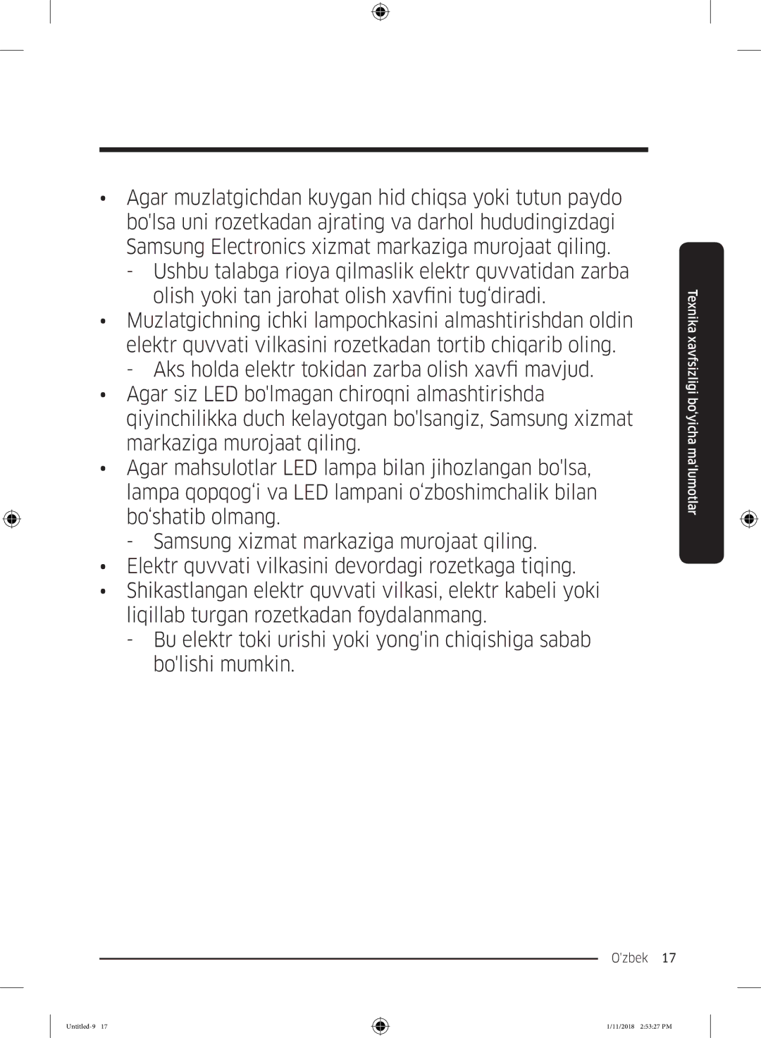 Samsung RT53K6340SL/WT, RT46K6360EF/WT, RT53K6340UT/WT, RT43K6000EF/WT, RT46K6360SL/WT, RT43K6360WW/WT manual Ozbek  